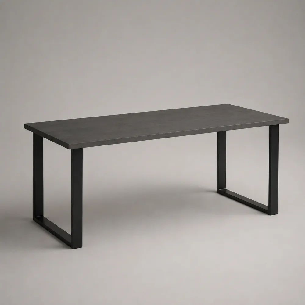Table à manger rectangulaire 6 personnes en bois et métal, effet béton gris foncé et noir, 160 x 80 x 75 cm