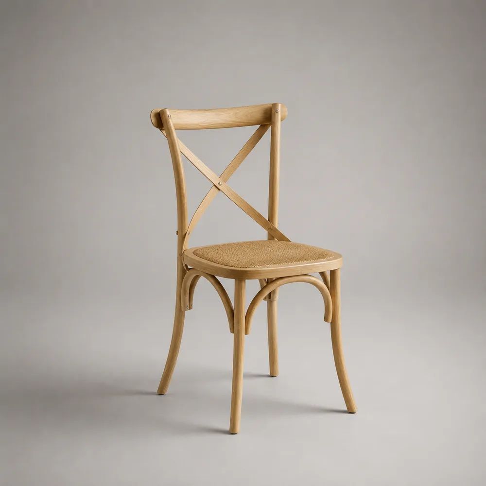 Chaise de salle à manger en hêtre massif avec assise cannée et dossier croisé, bois naturel et beige, 49 × 53 × 88 cm