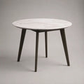 Table à manger ronde 4 personnes en bois, plateau effet marbre blanc et pieds brun foncé, Ø 100 × H 75 cm