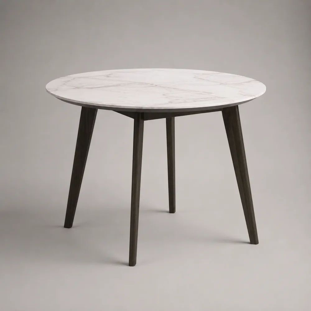 Table à manger ronde 4 personnes en bois, plateau effet marbre blanc et pieds brun foncé, Ø 100 × H 75 cm
