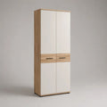 Armoire à 4 portes et 2 tiroirs en panneaux de particules, blanc et chêne clair, 80 × 52 × 200 cm