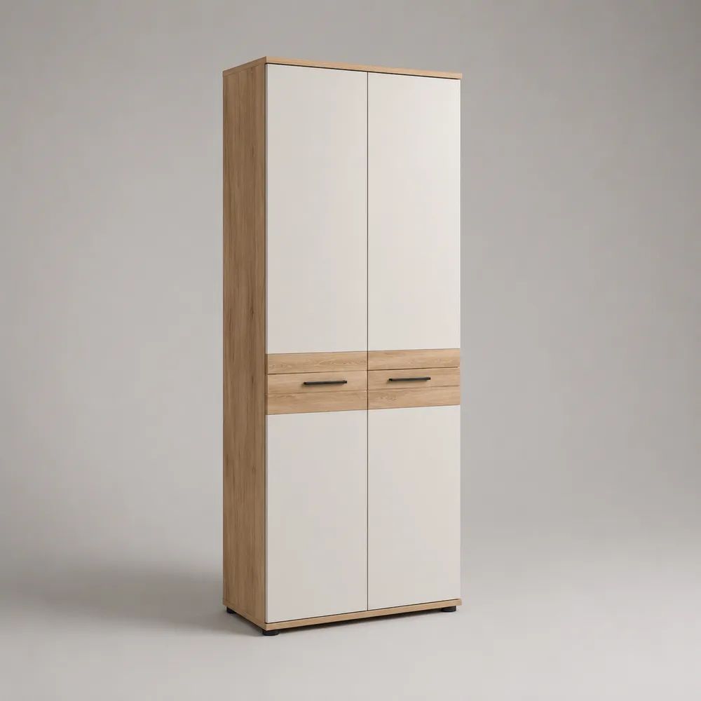 Armoire à 4 portes et 2 tiroirs en panneaux de particules, blanc et chêne clair, 80 × 52 × 200 cm