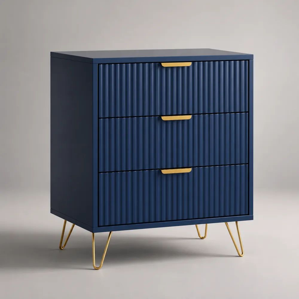Table de chevet rectangulaire à 3 tiroirs en bois et métal, bleu marine et doré, 60 × 40 × 75 cm