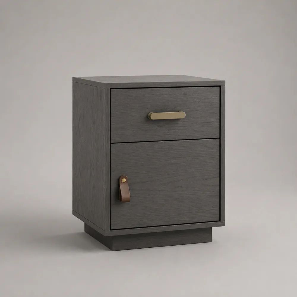 Table de chevet rectangulaire en panneaux de particules mélaminés gris foncé avec tiroir et porte, 40 × 35 × 55 cm