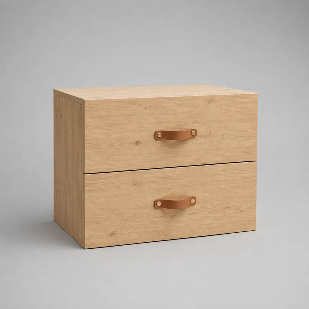 Table de chevet en bois à 2 tiroirs, décor chêne clair avec poignées marron, 60 × 40 × 50 cm
