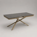 Table à manger extensible rectangulaire en céramique grise et acier inoxydable champagne, 160-240 x 90 x 76 cm