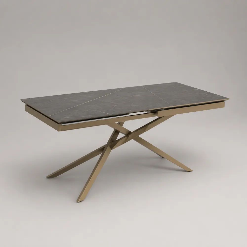 Table à manger extensible rectangulaire en céramique grise et acier inoxydable champagne, 160-240 x 90 x 76 cm