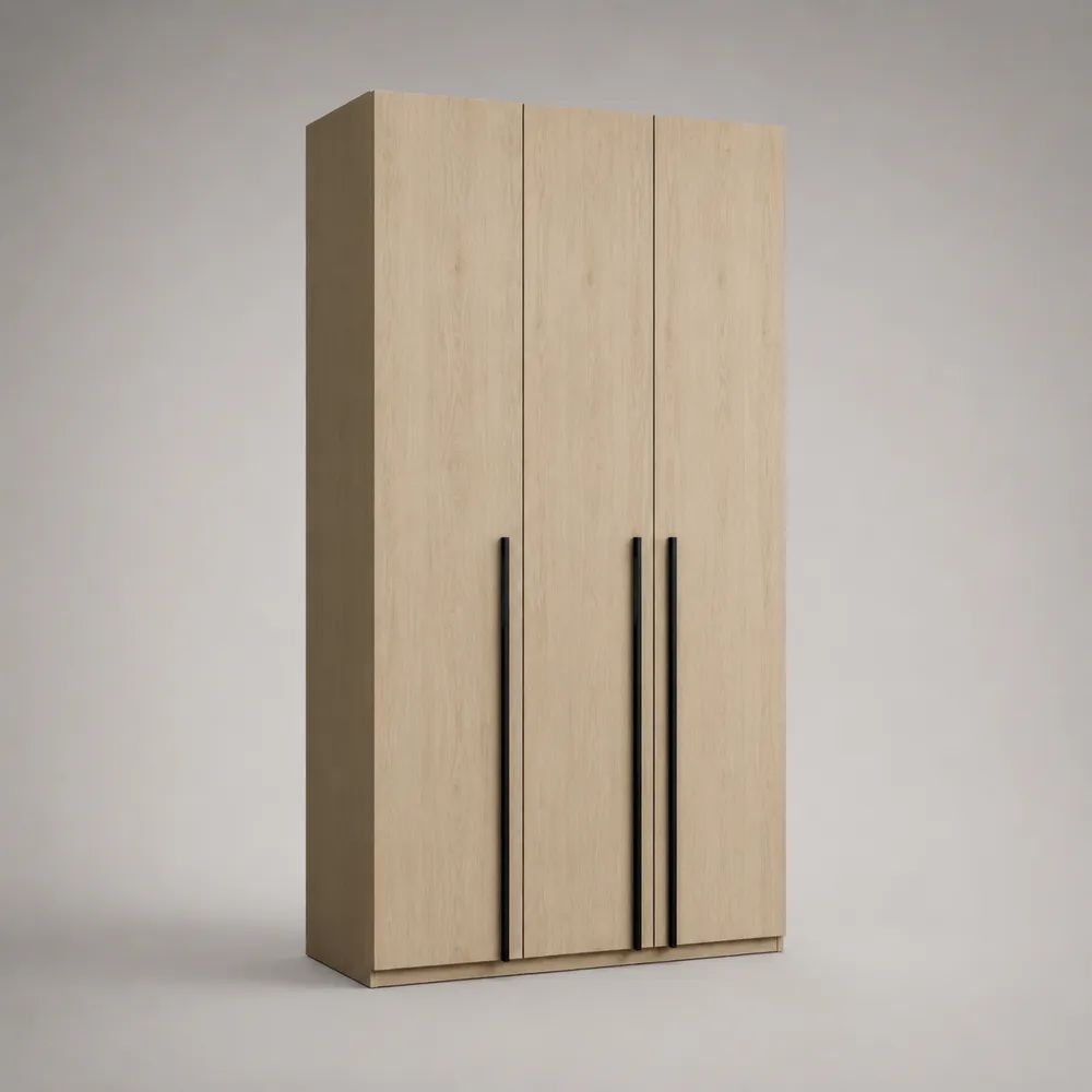 Armoire penderie 3 portes en panneaux de particules décor chêne clair avec poignées en acier noir, 120 × 55 × 200 cm