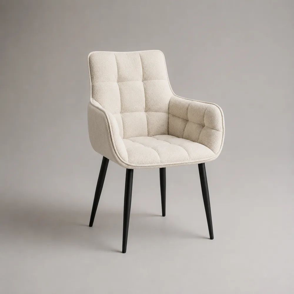 Chaise rembourrée avec accoudoirs en tissu bouclé écru et pieds en acier noir, 60 x 62 x 86 cm