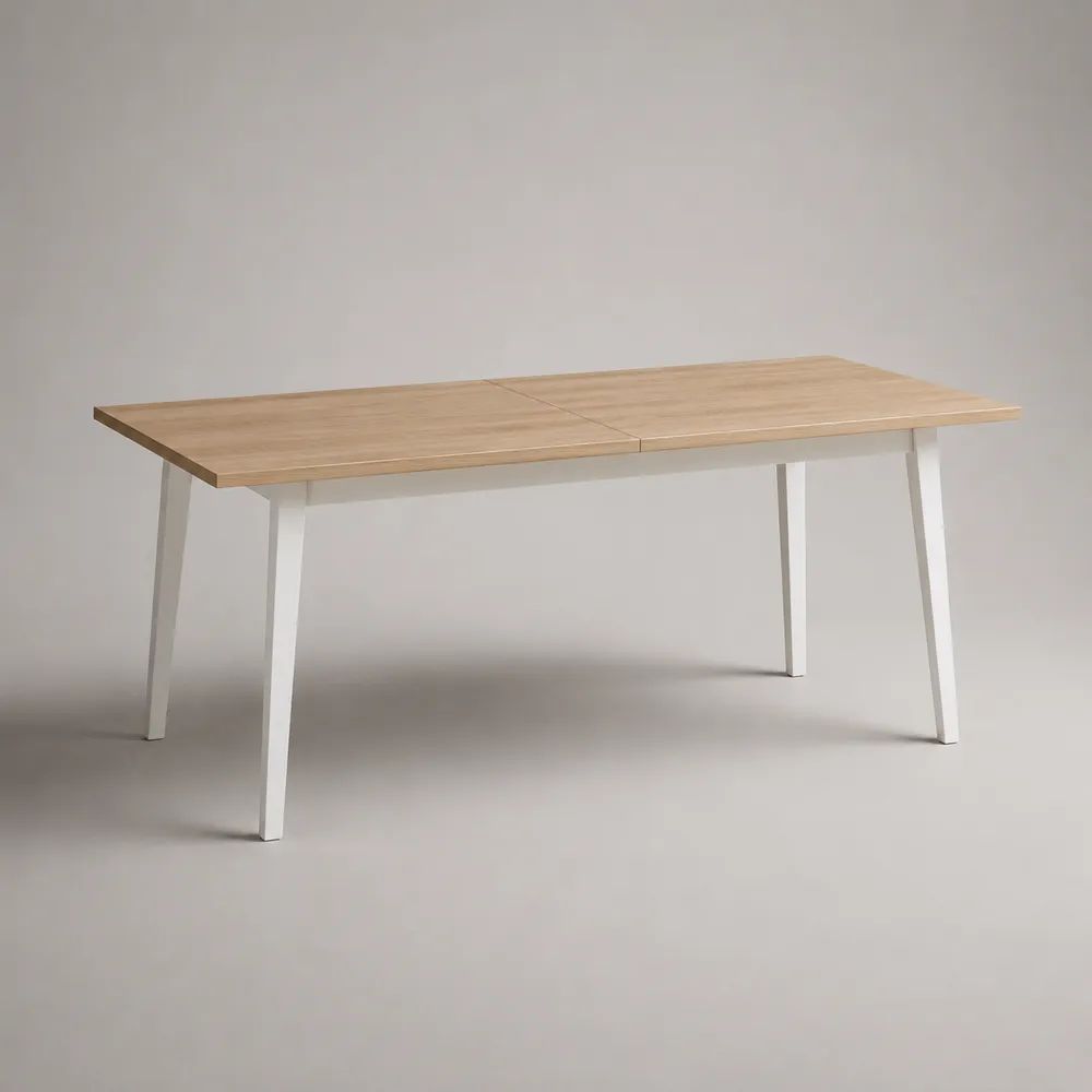 Table à manger extensible rectangulaire en MDF plaqué chêne et acier blanc, 160–200 × 90 × 75 cm