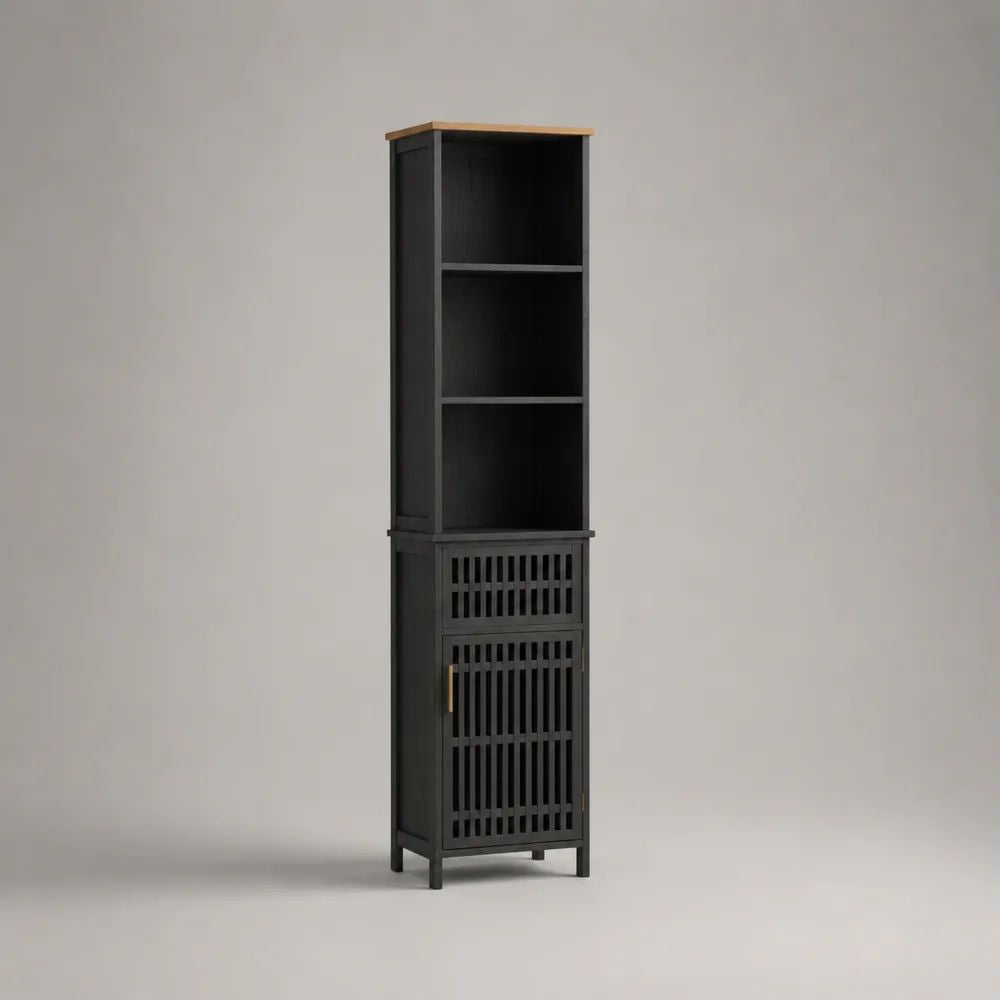 Meuble colonne de salle de bain en bambou massif et MDF noir et brun clair, 33 × 30 × 170 cm