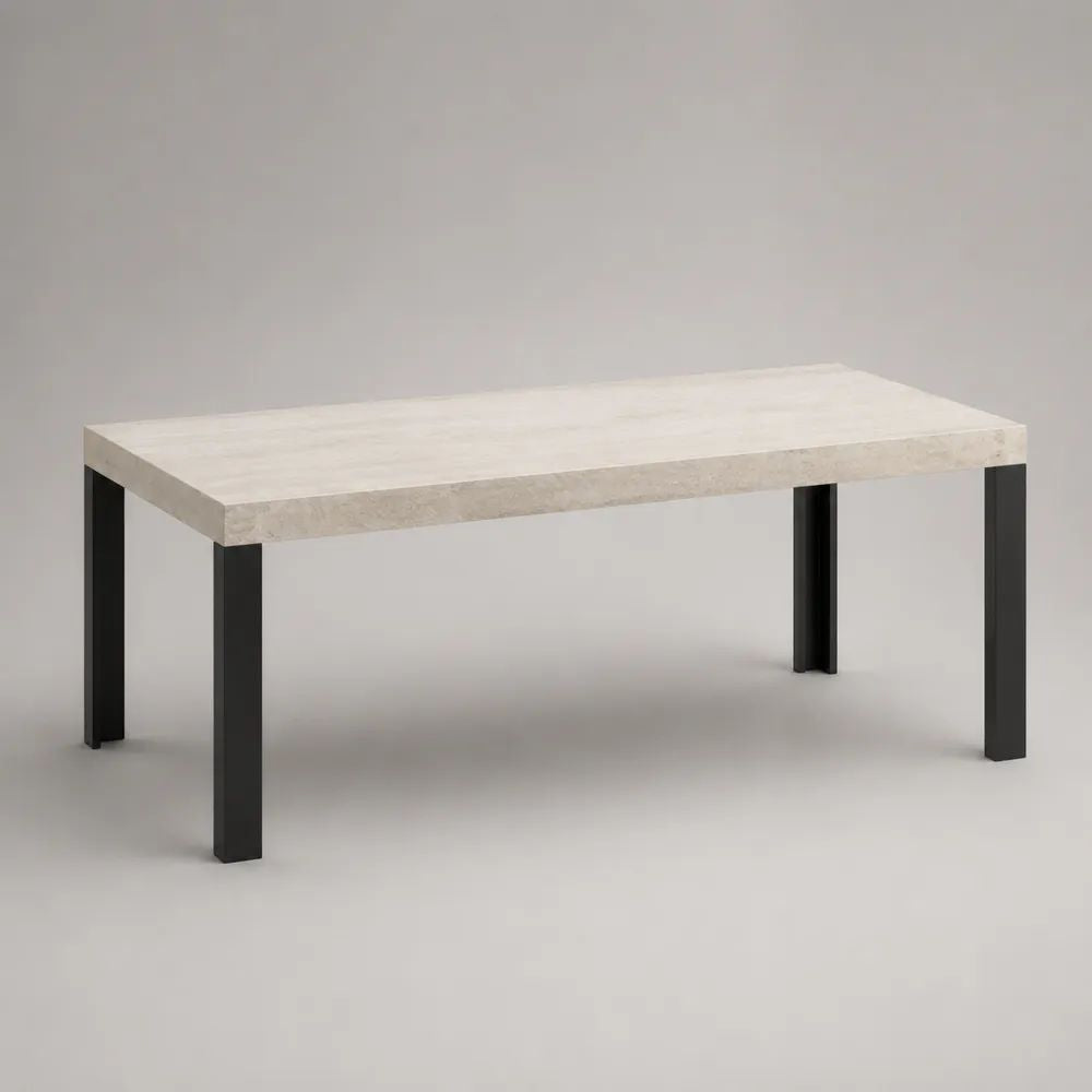 Table à manger rectangulaire en MDF effet travertin beige et métal noir, 140 × 80 × 75 cm