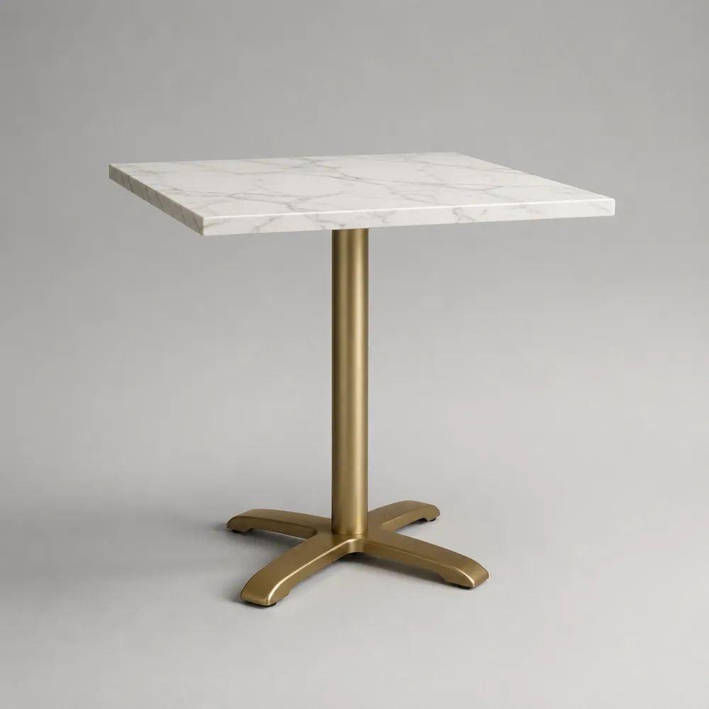 Table à manger carrée 2 personnes, plateau MDF effet marbre blanc et piètement en métal doré, 70 × 70 × 75 cm