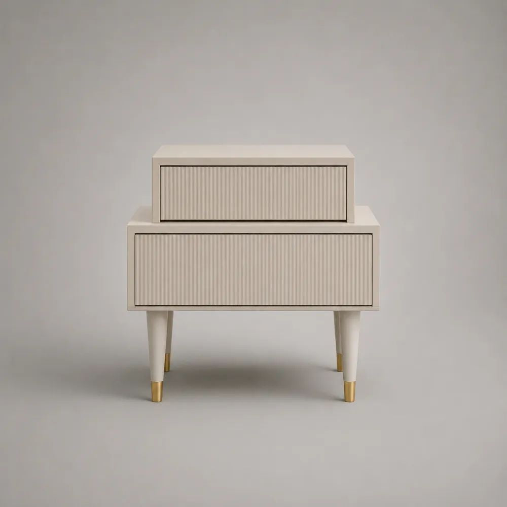 Table de chevet rectangulaire à 2 tiroirs en MDF et bois massif, beige et laiton, 60 × 40 × 68 cm