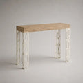 Table haute rectangulaire en MDF plaqué chêne et acier blanc, 120 × 40 × 90 cm