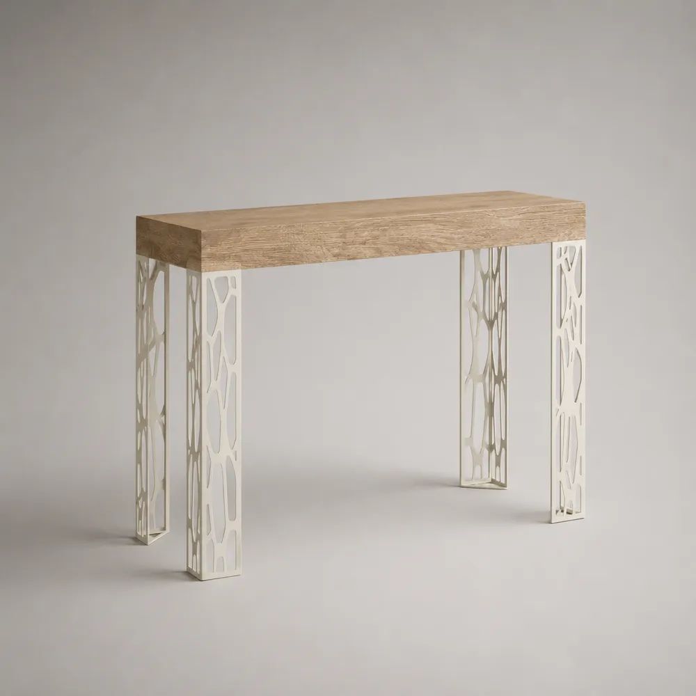 Table haute rectangulaire en MDF plaqué chêne et acier blanc, 120 × 40 × 90 cm