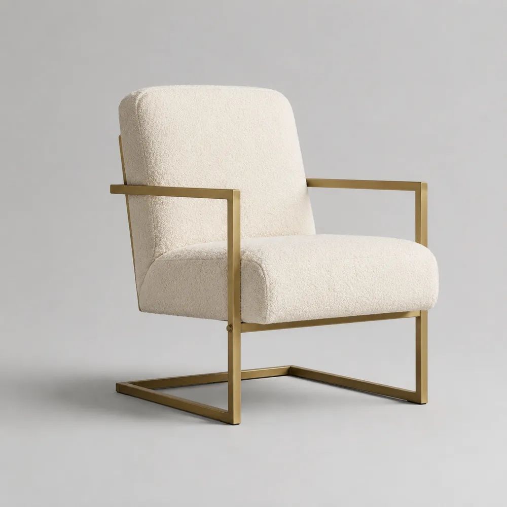 Fauteuil de salle à manger avec accoudoirs en bouclette polyester et acier doré, blanc cassé, 71 × 76 × 86 cm