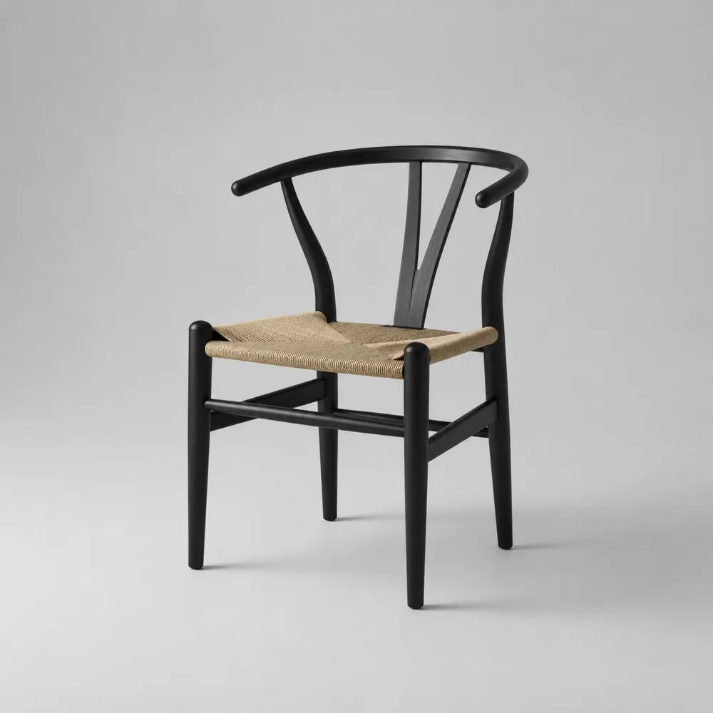 Chaise de salle à manger en hêtre massif et corde de papier, dossier arrondi, noir et naturel, 55 × 51 × 76 cm
