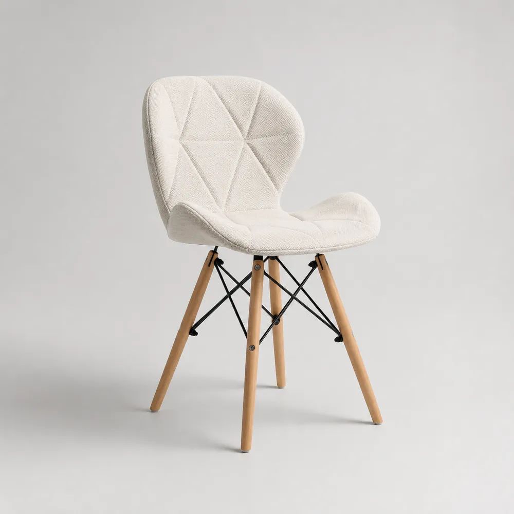 Chaise de salle à manger rembourrée à dossier arrondi en polyester écru, pieds en bois, 49 × 56 × 83 cm
