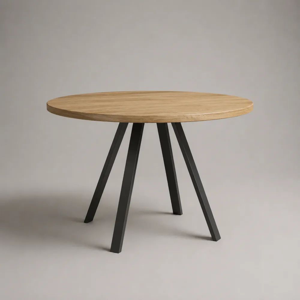 Table à manger ronde 4 places en bois et métal, chêne naturel et noir, Ø 100 × H 75 cm