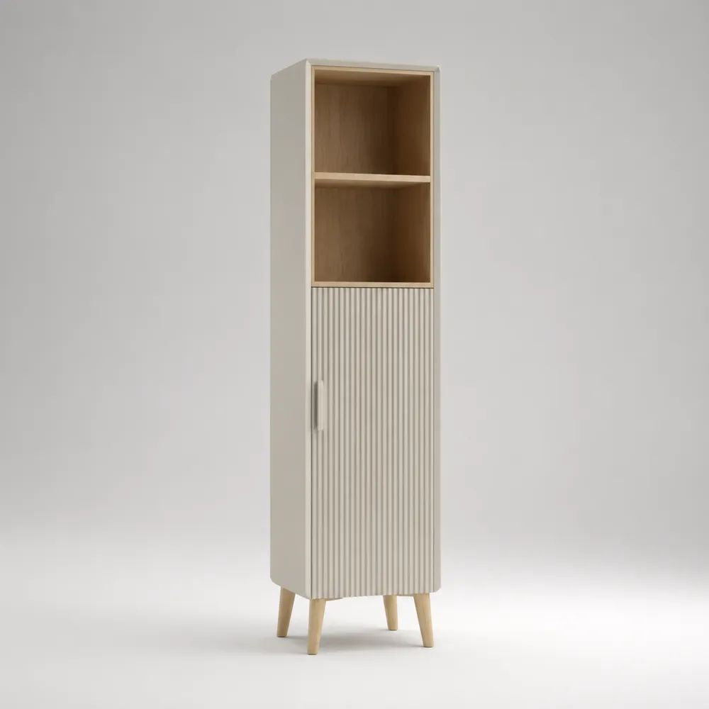 Colonne de salle de bain en MDF et panneaux mélaminés avec 1 porte et 2 niches, blanc cassé et chêne clair, H 160 x L 40 x P 30 cm