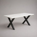 Table à manger rectangulaire 4 à 6 personnes, plateau MDF effet marbre blanc et pieds en acier noir, 160 × 80 × 75 cm