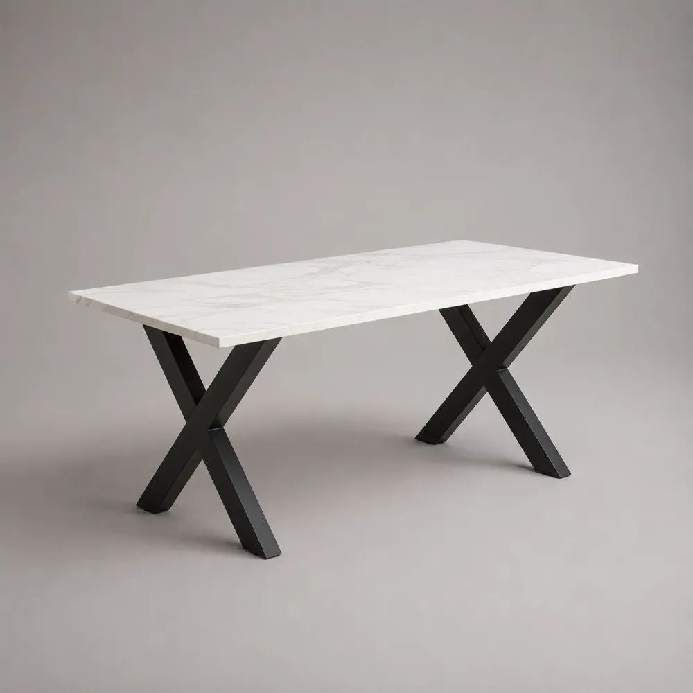 Table à manger rectangulaire 4 à 6 personnes, plateau MDF effet marbre blanc et pieds en acier noir, 160 × 80 × 75 cm