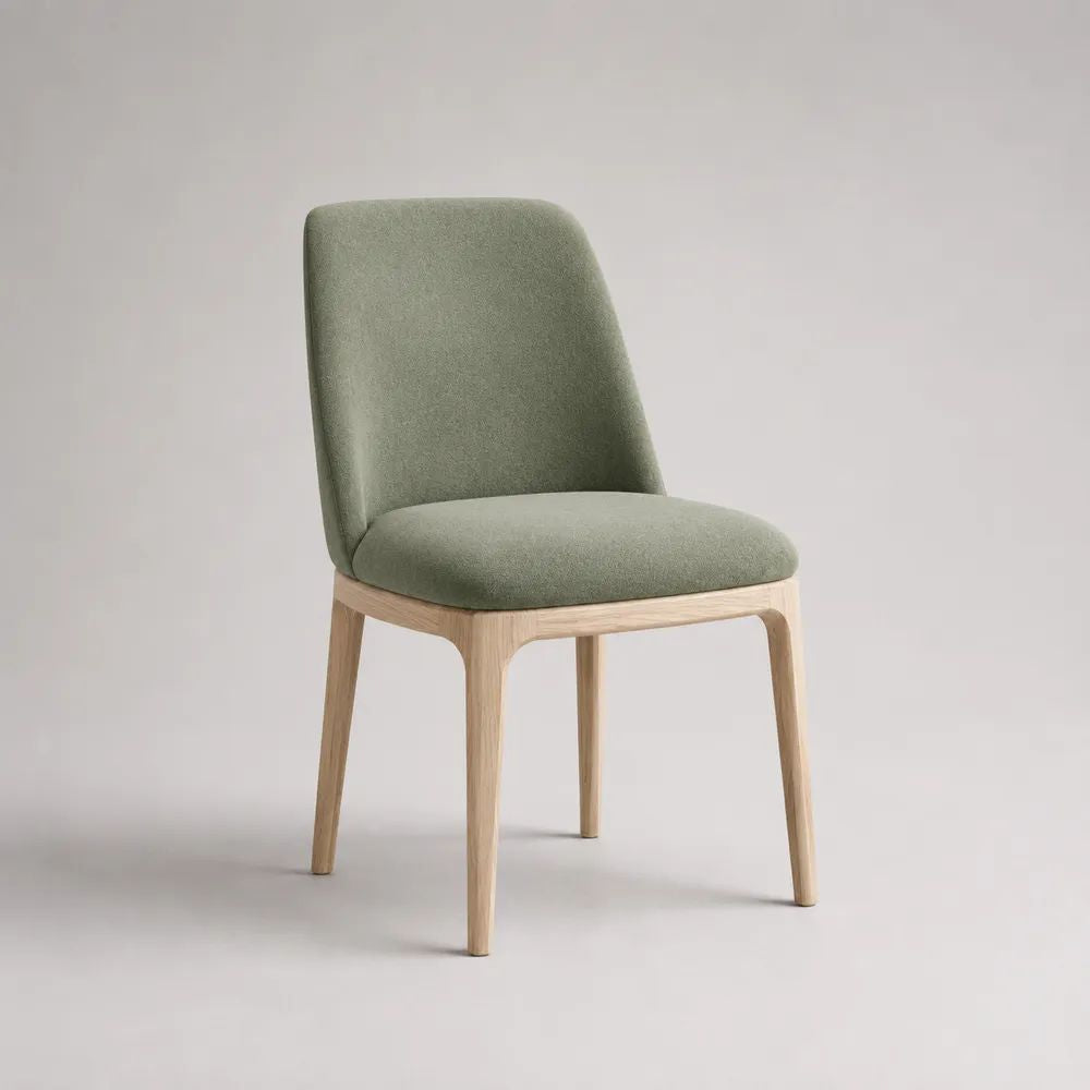 Chaise rembourrée à dossier arrondi en tissu et bois, vert sauge et naturel, 49 x 56 x 82 cm