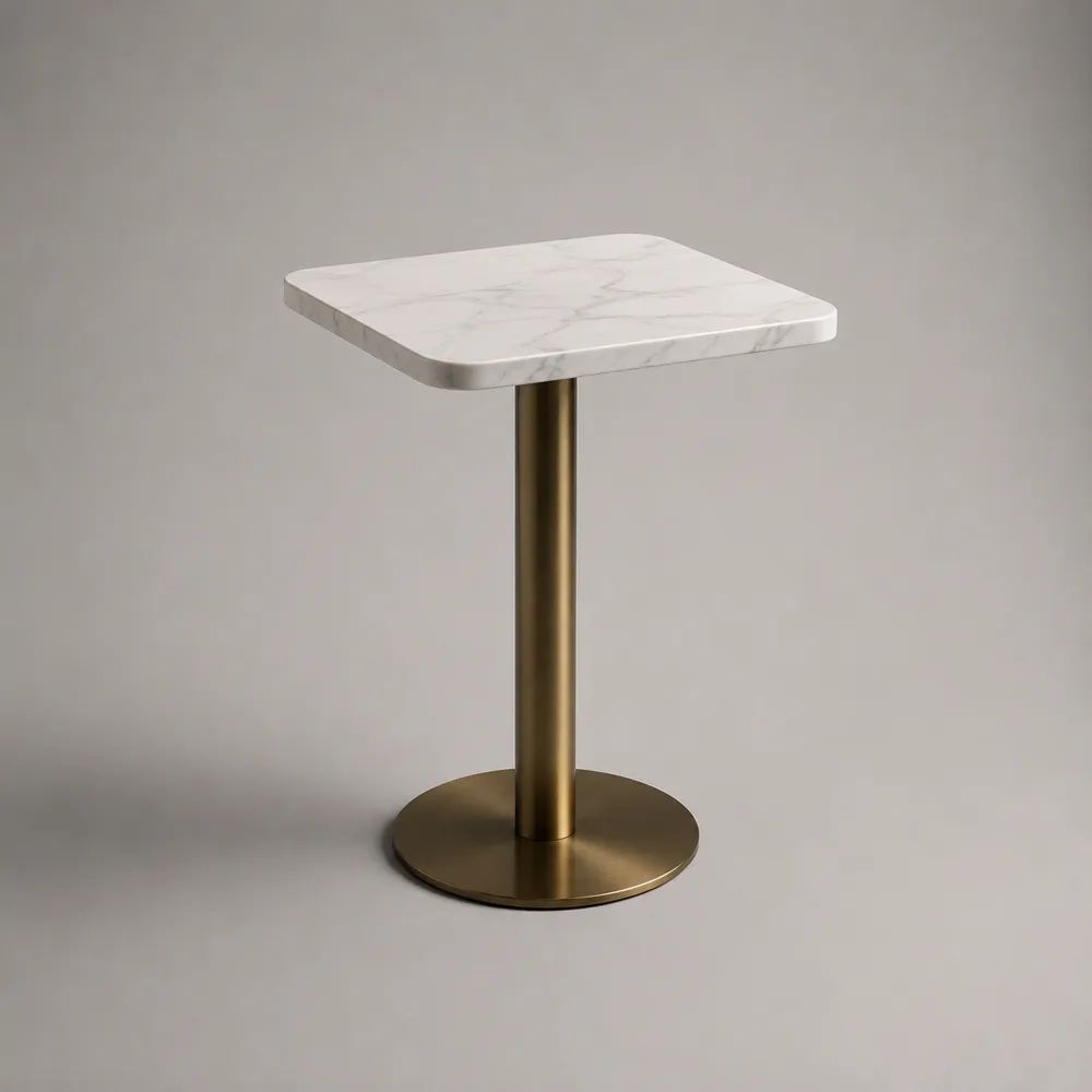 Table à manger carrée 2 personnes en pierre reconstituée effet marbre blanc et métal doré, 60 × 60 × 75 cm