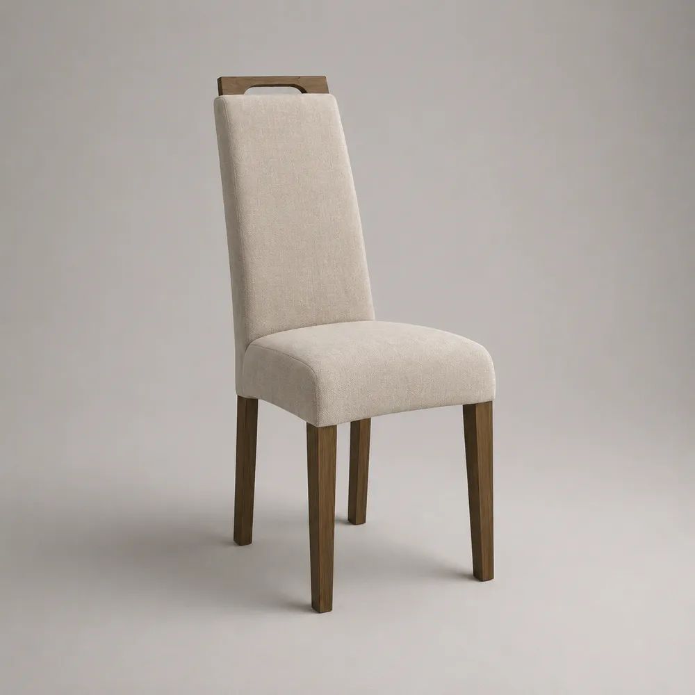 Chaise de salle à manger rembourrée en polyester et hévéa massif, dossier haut, écru et brun noyer, 46 × 56 × 98 cm