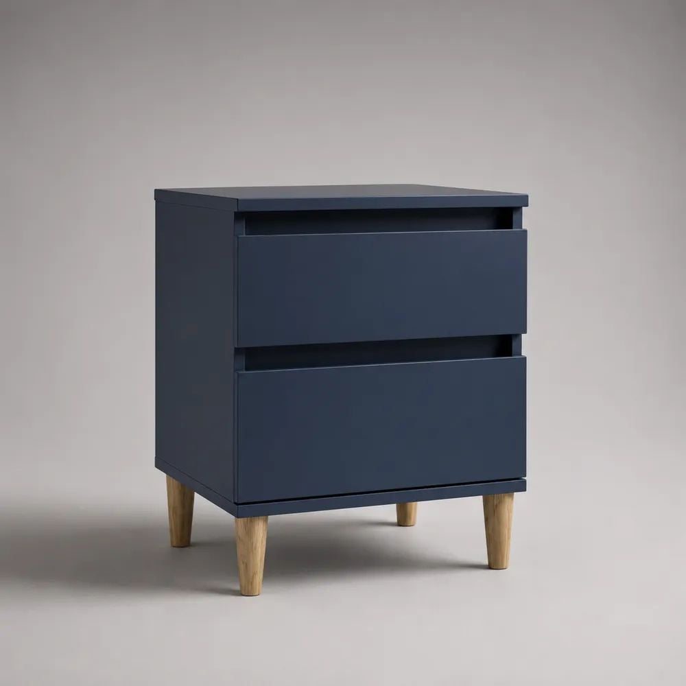 Table de chevet rectangulaire en bois à 2 tiroirs, bleu foncé et bois naturel, 40 × 35 × 55 cm