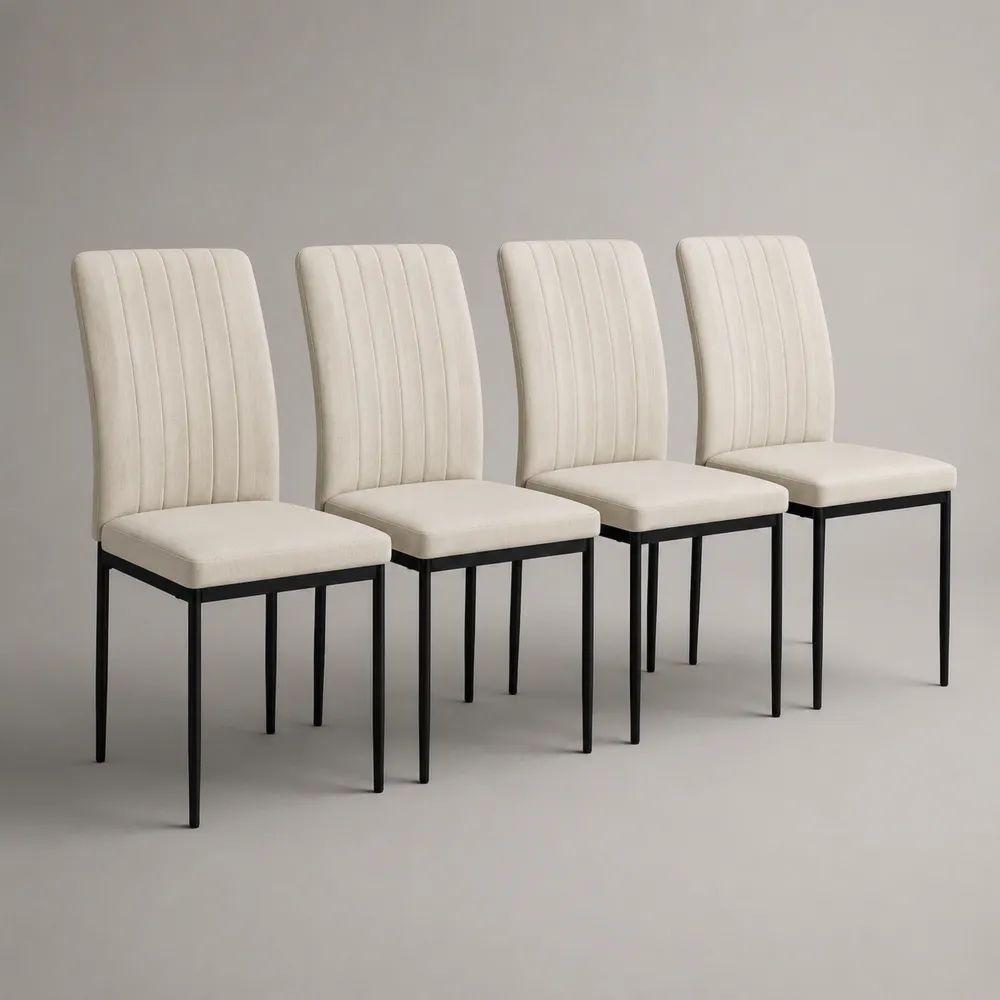 Lot de 4 chaises de salle à manger rembourrées en polyester beige, pieds en acier noir et dossier haut, 42 × 50 × 96 cm