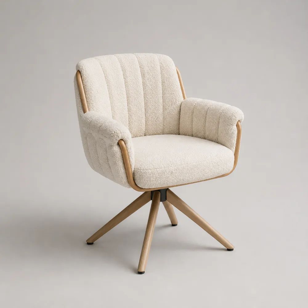 Chaise de salle à manger pivotante avec accoudoirs en tissu écru et piètement en acier effet bois, 63 × 62 × 82 cm